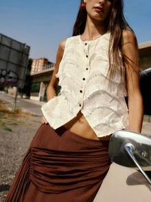 Nöista Sleeveless Fringed Button-Front Vest With Textured Tiers And A Cropped, Flattering Cut-Casual For Everyday Wear Or Graduation And Prom - Apricot - View 4