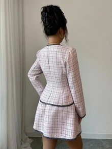 Elenzga V-Neck Bow Design Floral Tweed Jacket & Skirt 2 Pieces Set, Elegant & Sophisticated For Commute, Date, Formal Occasions, Autumn/Winter - Pink - View 2