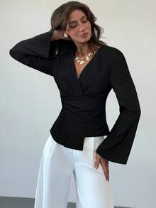 Aloruh New Stylish Commuter Waist Ruched Asymmetric Hem Long Flare Sleeve V-Neck Pullover Blouse Black Tops