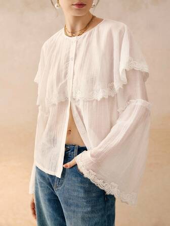 Cévolie 女士优雅通勤纯色蕾丝花边喇叭袖衬衫