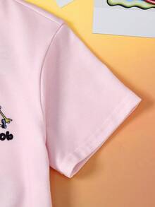 SpongeBob SquarePants | SHEIN 少女可爱卡通图案针织圆领宽松粉色短袖T恤 - 粉色 - 查看 4