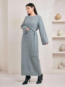 Veilorie 女式休闲纯色长袖圆领毛衣裙 - 深灰色 - 查看 1