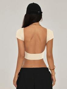 SHEIN PETITE 休闲纯色百搭短款露背T恤，适合娇小身材，夏季 - 杏色 - 查看 5