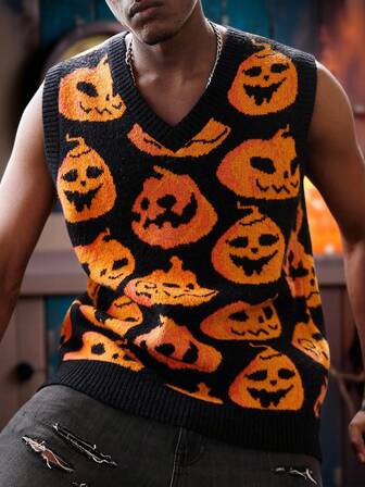 Manfinity Roghcode Chaleco de punto con cuello en V con estampado de calabaza para hombres, adecuado para Halloween, otoño e invierno