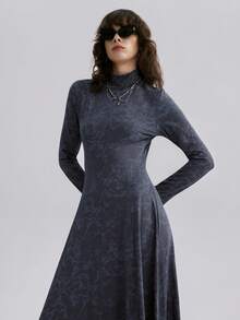 Airlisse Autumn/Winter High Neck Tie-Dye Effect Hollow Back Long Sleeve A-Line Dress For Women - Grey - View 3