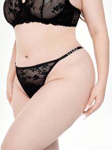 ROMWE J-Fashion 1 pieza Tanga sexy de encaje transparente con corazón brillante de rhinestone, talla grande, estilo Y2K - Negro - Ver 5