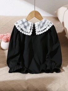 女孩优雅蕾丝边刺绣双层彼得潘领长袖休闲公主衬衫，适合度假、旅行、派对、生日礼物，春秋季 - 黑色 - 查看 2