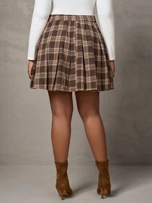 SHEIN Tall CURVE 大码复古格子褶皱 A 字裙 - 棕色 - 查看 2