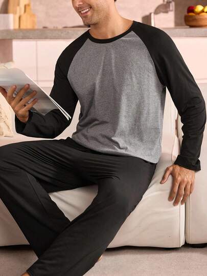 Manfinity Underwear&Sleepwear Basics 大码男士撞色拼布长袖睡衣套装，秋季服装