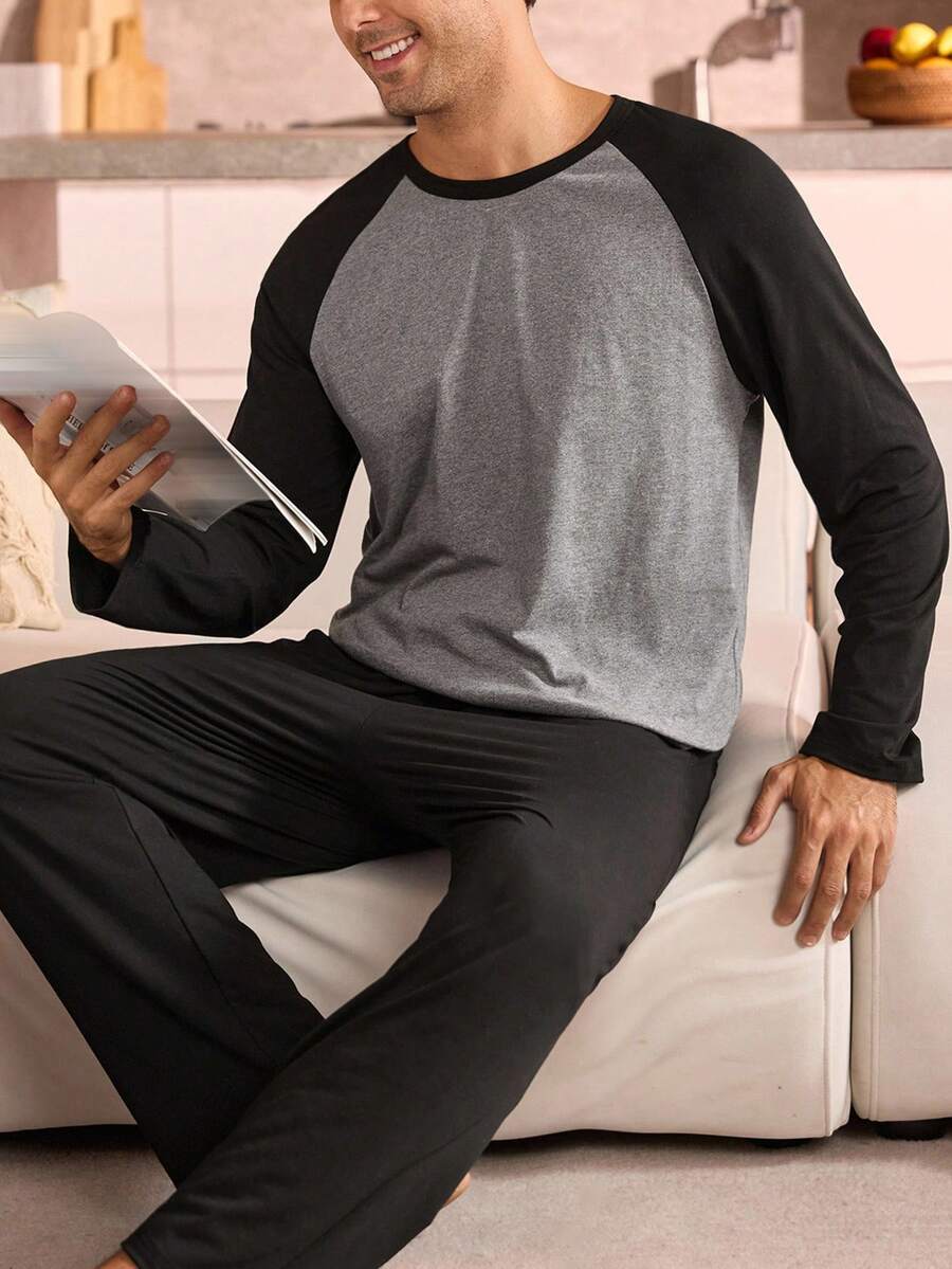 Manfinity Underwear&Sleepwear Basics Plus Size Men's Contrast Color Patchwork Long Sleeve Pajama Set, Fall Clothes - Grey - View 1