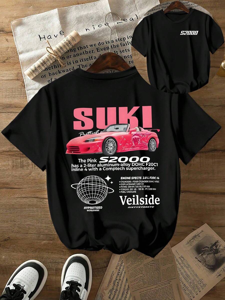 Manfinity Dauomo 男士字母与汽车印花圆领短袖T恤，时尚