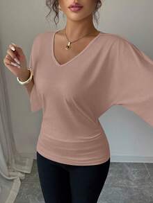 Elenzga 女式纯色蝙蝠袖V领短袖T恤 - 藕粉色 - 查看 6