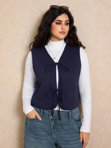 Elaquor Plus Size Dark Blue Denim Quilted Vest Jacket Winter Thermal Lined Jacket Casual Warm Wear Bow Tie Casual Jacket - Dark Wash - View 6