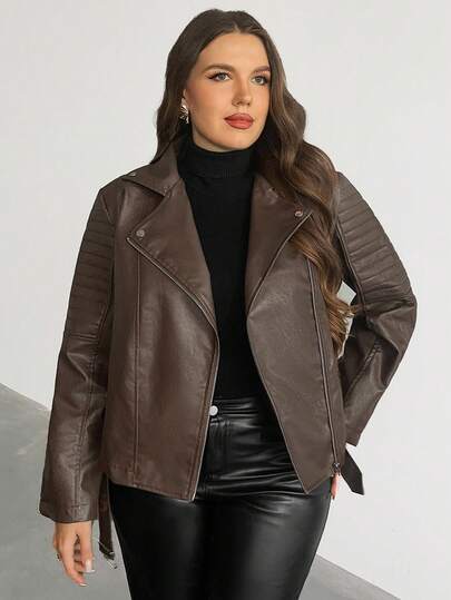SHEIN Privé Plus Size Elegant Casual Personalized High Street Music Festival Long Sleeve Blazer Lapel Pocket PU Embossed Jacket, Suitable For Holiday, New Year, Party, Elegant Office Wear Brown Moto Jacket Women Brown Leather Jacket Women Moto Jacket Plus Size Brown Jacket Plus Size Leather Jacket In Fall/Winter Leather Jacket Plus Size Brown Faux Leather Jacket Brown Jacket Women Outerwear Women Women Jackets