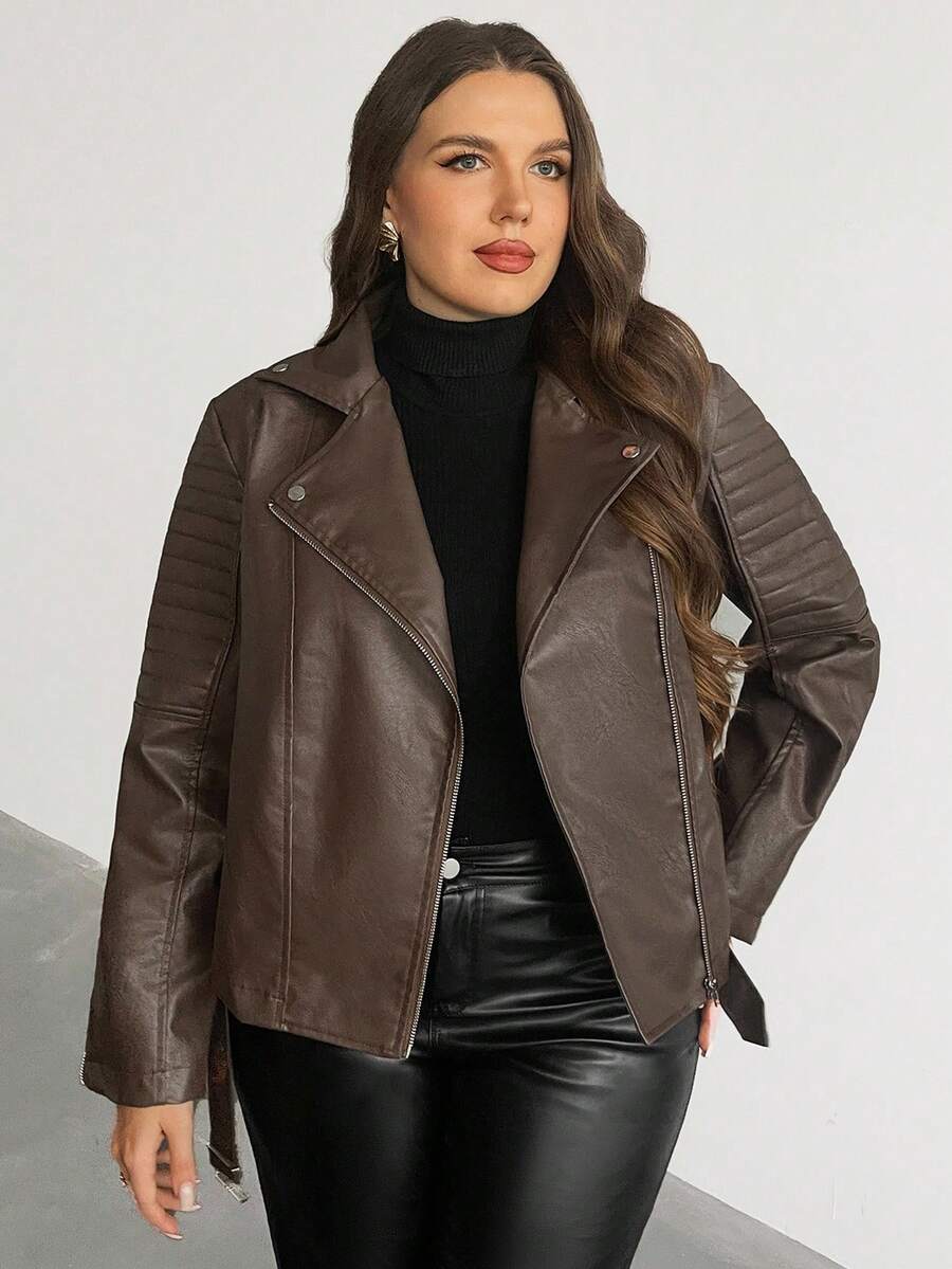 SHEIN Privé Elegante, lässige, personalisierte Blazer mit Langarm, Revers, Tasche und geprägtem PU-Leder für große Größen, geeignet für Urlaub, Neujahr, Party, elegante Bürokleidung. Braune Motorradjacke für Frauen, braune Lederjacke für Frauen, Motorradjacke in Große Größen, braune Jacke in Große Größen, Lederjacke in Große Größen für Herbst/Winter, braune Fake-Lederjacke, braune Jacke für Damen, Damenbekleidung - Braun - Übersicht 1