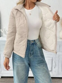 SHEIN LUNE 女士休闲保暖长袖口袋绗缝外套，女士夹克，绗缝外套，拉链外套，轻便外套，女士秋冬服装，女士冬季服装，女士冬季外套，女士冬季夹克，女士休闲工作装，女士秋冬服装，女士舒适秋冬服装，女士绗缝外套，女士保暖服装，女士外套，女士羊羔绒内衬外套，休闲 - 米色 - 查看 8