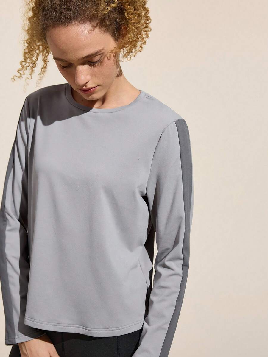 Easithlete 女式休闲拼色长袖户外T恤，秋季 - 灰色 - 查看 1