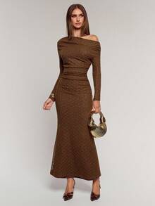 SHEIN BAE Vestido feminino elegante, cor sólida, ombro assimétrico, manga comprida, franzido, bainha rabo de peixe - Castanho - Ver 8