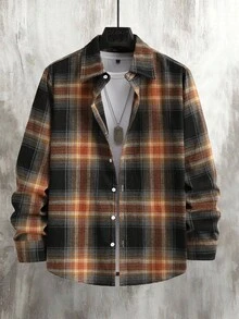 Manfinity Homme 男士格子前扣休闲长袖百搭法兰绒衬衫，适合秋季，Old Money