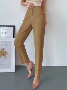 Firerie 女士优雅简约高腰口袋拉链修身杏色九分裤，适合通勤、办公室和日常穿着 - 卡其色 - 查看 5