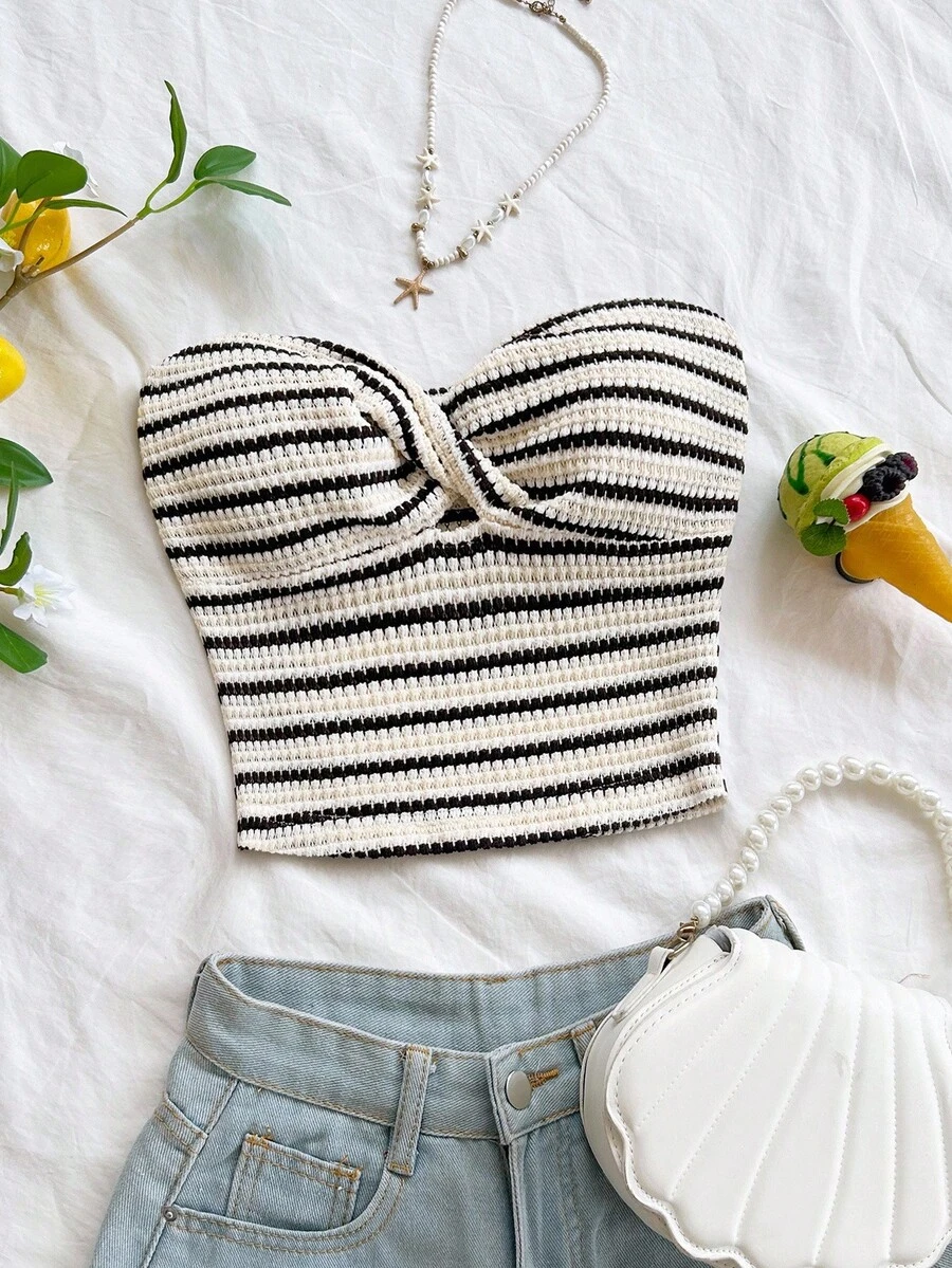 Soleia Women's Beach Fashion Women Striped Twist Bandeau Crop Top, Versatile Summer Wear