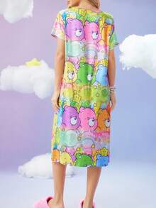 SweetSlumber X Carebears 女士休闲可爱卡通熊印花短袖睡衣连衣裙，夏季蓬松睡衣卡哇伊连衣裙，冬季舒适保暖，哞哞睡裙