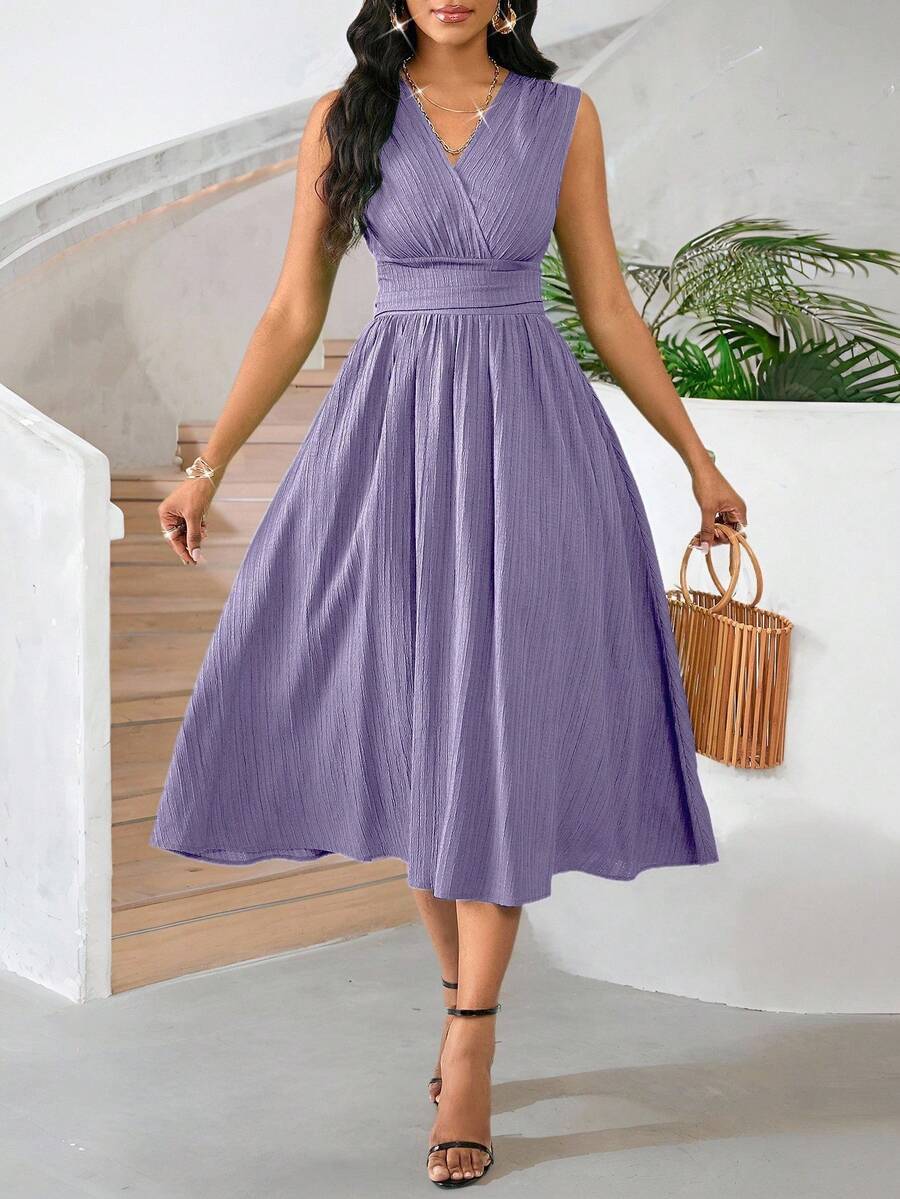 SHEIN Lady Váy ngày lễ Váy mùa hè không tay dài vừa phải dành cho nữ Vải dệt họa tiết màu xanh lá cây - Bụi tím - Xem 1