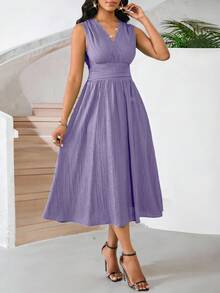 SHEIN Lady Váy ngày lễ Váy mùa hè không tay dài vừa phải dành cho nữ Vải dệt họa tiết màu xanh lá cây - Bụi tím - Xem 3