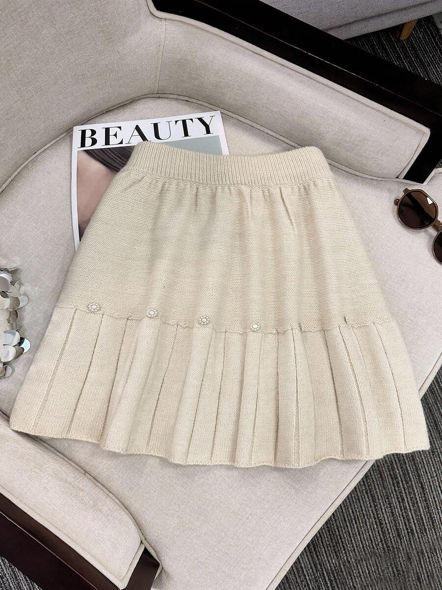 GlowEve 女士优雅俏皮可爱手工串珠设计宽松下摆松紧腰针织毛衣裙，适合约会和日常穿着，秋冬 - 杏色 - 查看 1
