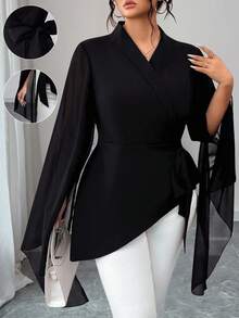 SHEIN CURVE+ 大码女式纯色雪纺透明大码袖子收腰衬衫 - 黑色 - 查看 1