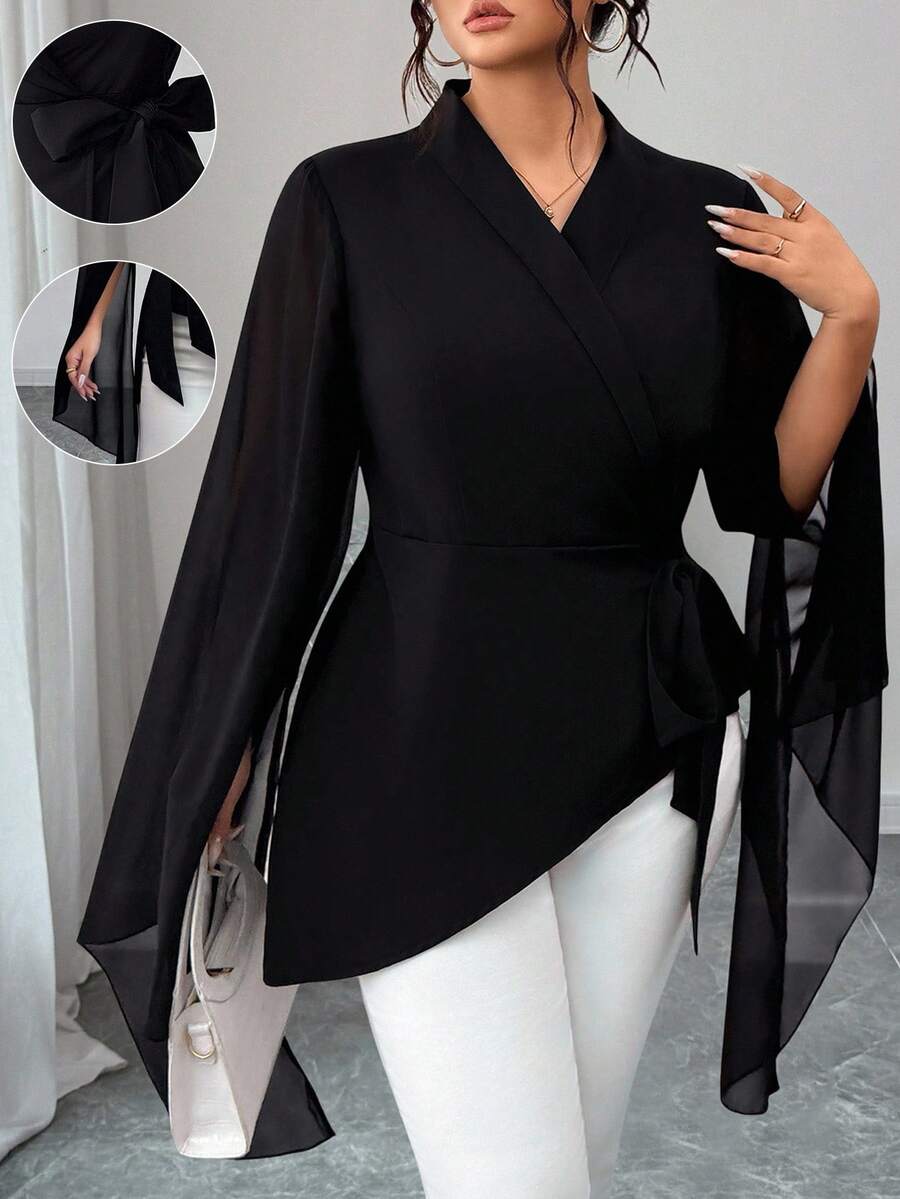 SHEIN CURVE+ 大码女式纯色雪纺透明大码袖子收腰衬衫 - 黑色 - 查看 1