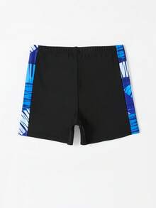 SHEIN Tween男孩 8-14歲側條紋幾何圖案快乾彈性泳褲，黑色藍色運動型夏季水上活動泳褲 - 黑色 - 查看 2