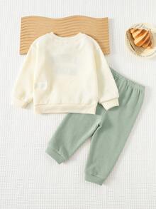Cozy Pixies 2pcs Baby Boy Letter Print Soft Knit Crew Neck Long Sleeve Sweatshirt And Elastic Waist Jogger Pants Set - Mint Green - View 2