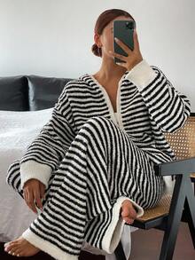 DAZY 2件套女士条纹连帽宽松针织长袖上衣和裤子睡衣套装，秋冬季休闲家居服，秋季服装，舒适保暖内衬，蓬松柔软 - 彩色 - 查看 6