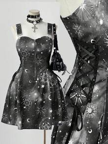 Sunspun New Fashionable Versatile Holiday Fantasy Starry Sky Print Patchwork Ruffle Tie-Up Waist Decor Zipper Front Cami Dress With Mini Skirt For Women