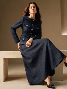 Anewsta 优雅女士时尚水钻套装、办公室/派对西装外套和裙子套装 - 藏蓝色 - 查看 1