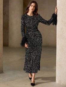 Aveloria Rosie Luxury Sequin Patchwork Faux Fur Cuff Dress, Chic Round Neck Slim Fit Sparkling Sequin Dress With Elegant Vibe - Black - View 6