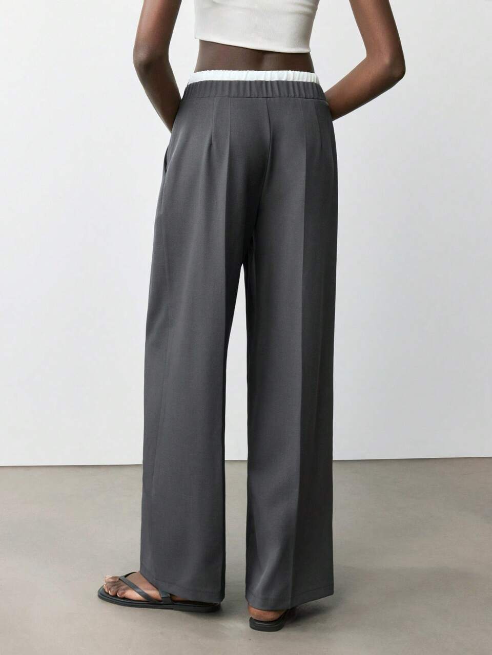 SHEIN Maija 2025 Women's Straight Loose Pants Grey,Autumn,Casual,Office,Double Waistband Drawstring Waist Toothpick Striped Contrast Color Elegant Urban Pants