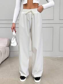 RueChic Einfarbige Lange Damenhose Mit Kordelzug In Der Taille - Weiss - Übersicht 4