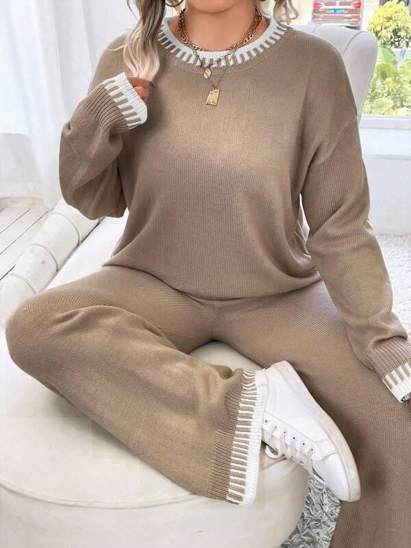 Elenzga Plus Size Casual Apricot & White Crew Neck Long Sleeve Loose Dropped Shoulder Sweater Top & Wide Leg Pants Set, Autumn/Winter