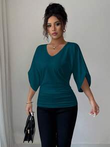 Elenzga Women's Solid Color Batwing Sleeve V-Neck Short Sleeve T-Shirt