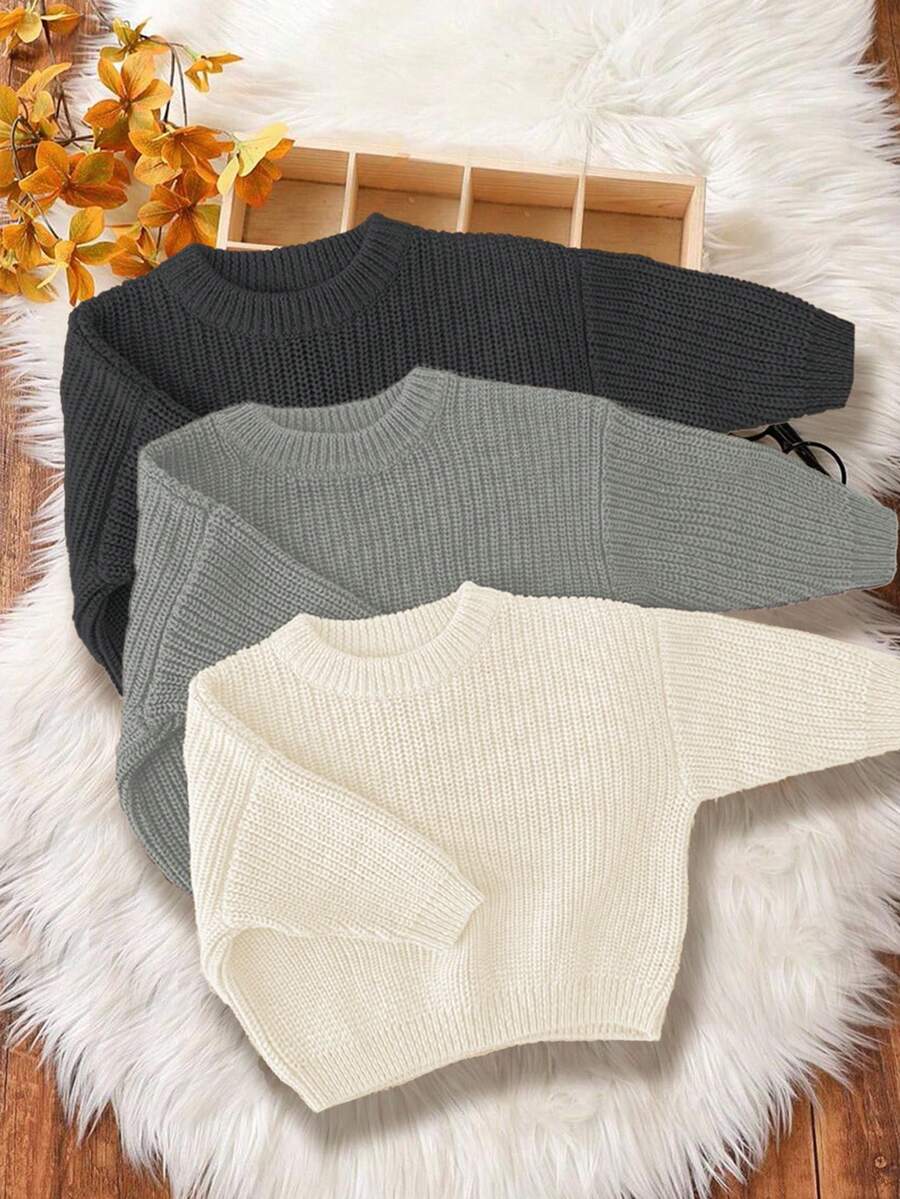 Set de 3 suéteres tejidos de cuello redondo de manga larga con ajuste holgado para niño, apropiados para otoño/invierno en colores carbón, gris medio y beige - Multicolor - Ver 1