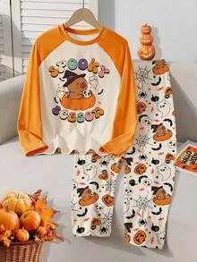 青少年女孩万圣节主题卡通土拨鼠与鬼魂印花睡衣套装，杏色圆领插肩袖上衣，搭配撞色橙色袖子和衣领，杏色裤子，舒适家居服 1 套 - 杏色 - 查看 1