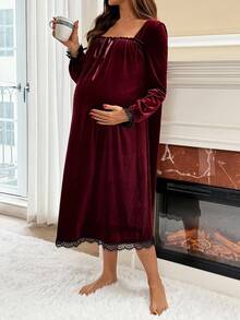 SHEIN Maternity Velvet Square Neck Lace Trim Tie Front Dress - Burgundy - View 6