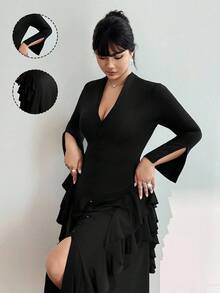 Viva Relle Váy maxi dài màu trơn cổ chữ V xếp nếp nhiều lớp cài nút thanh lịch, thiết kế tinh tế, không thể thiếu cho trang phục dự tiệc & sang trọng, cỡ lớn, thu/đông - màu đen - Xem 3