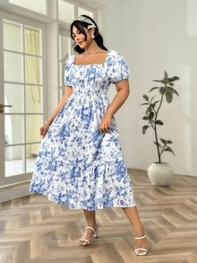 SHEIN WYWH Plus Size Women's Boho Holiday Blue And White Floral Printed Square Neckline Cinched Waist Dress, For Summer - Blue and White - View 6