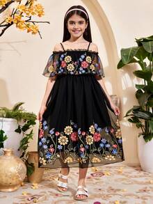 Tween Girls' Ruffle Double-Sided Embroidery Dress - Black - View 5