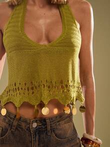 SHEIN BAE 女士夏季性感度假风纯色镂空针织露背系带吊带针织上衣，度假女装，上衣，背心，沙滩装，露脐上衣，毛衣，女士上衣，万圣节，可爱上衣，吊带上衣，沙滩，夏季，女士露脐上衣，秋季毛衣，秋季女装，秋季，秋季，可爱上衣，秋季上衣，单身派对，可爱，绿色上衣，绿色毛衣，可爱毛衣 - 橄欖綠 - 查看 4