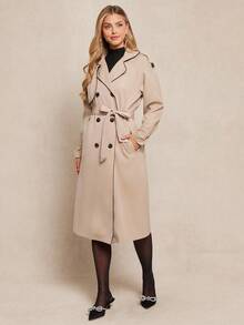 Amorya Women's Elegant Apricot Color-Block Pocket Mid-Length Trench Coat, Suitable For Daily Commute And Versatile Occasions, Autumn Trench Coats Autumn Outfits For Women   Women's Winter Coat  Chic Women's Jacket