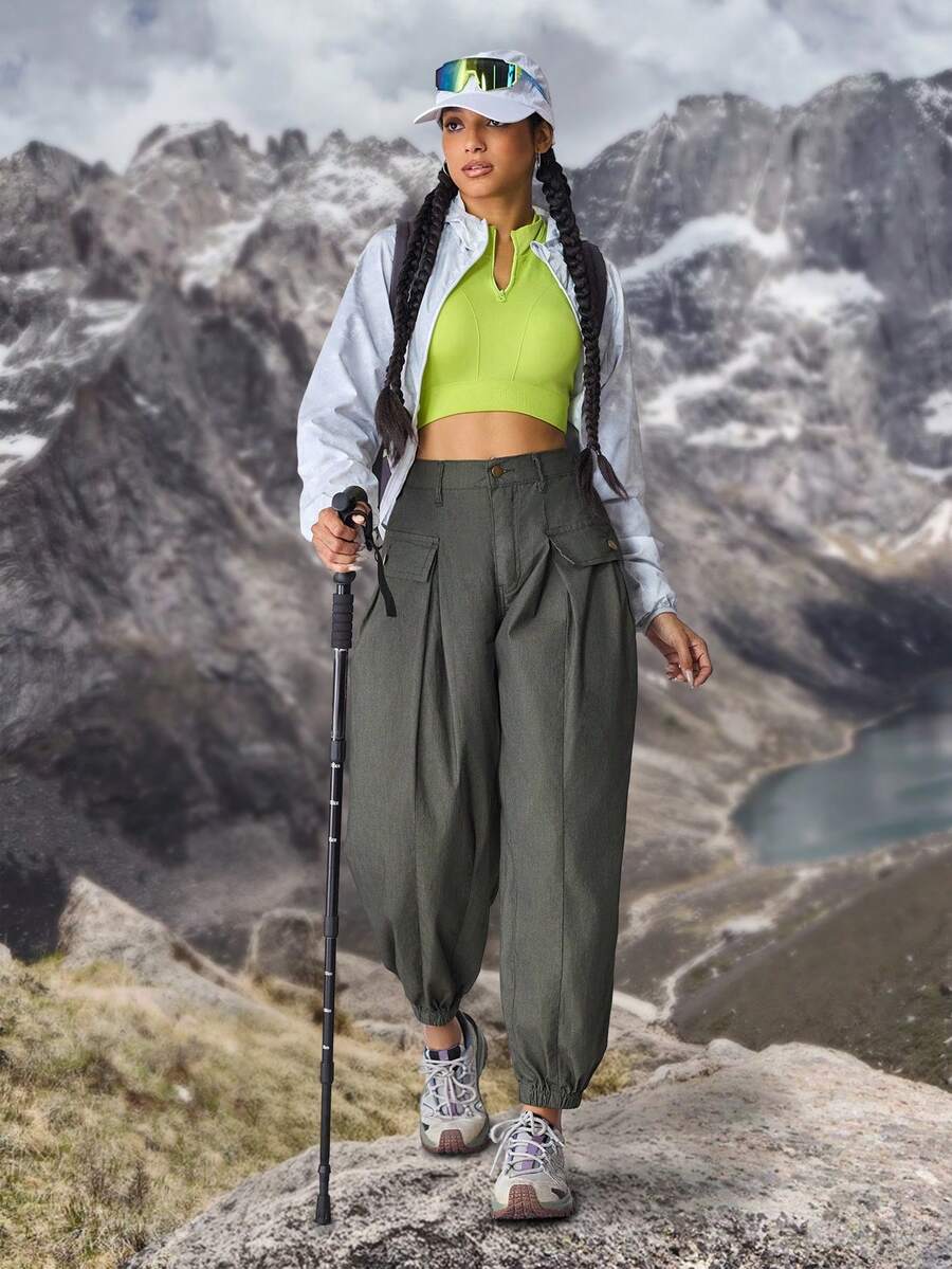 Flexra 女士休闲水洗直筒可拆卸牛仔裤户外徒步防晒轻便速干女式徒步服女式徒步裤女式户外裤露营装女式 - 軍綠色 - 查看 1